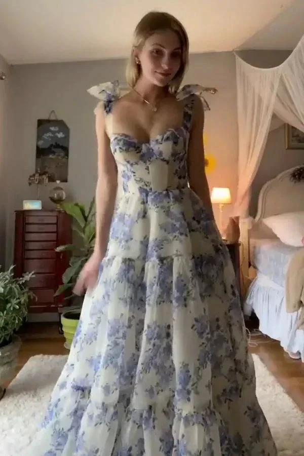 A-line Blue Floral Print Long Prom Dress Blue Evening Dress Y2560