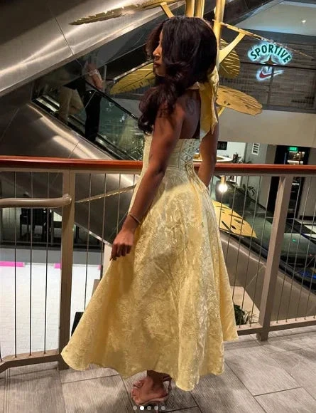 Sexy Halter Deep V Evening Dress Yellow Satin Print Prom Dress Y8249