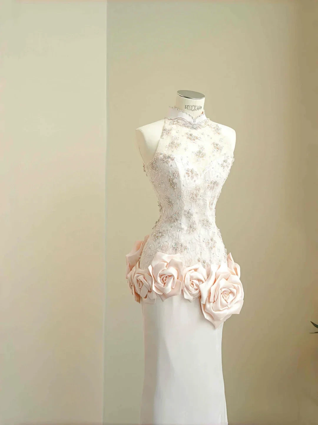 Elegant Light Pink Satin Lace Sequin Beaded Evening Dress Slit Mermaid Prom Dress Y8672