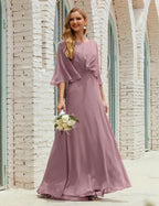 Sunnderly  Bridesmaid Dress Women Long Sleeve V-Neck Chiffon Formal Wedding Party Dress SY28018