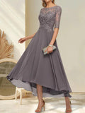 A-line Boat Neck Illusion Asymmetrical Chiffon Lace Mother of the Bride Dress With Sequins Beading
