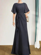 A-line Scoop Floor-Length Chiffon Mother of the Bride Dress With Cascading Ruffles Beading Sequins