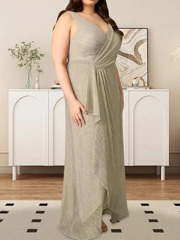 A-Line V-Neck Ruched Metallic Mesh Dress