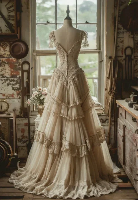 Vintage A Line Chiffon Lace Evening Dress Elegant Wedding Dress Y7720