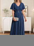 A-line V-Neck Floor-Length Chiffon Mother of the Bride Dress With Crystal Brooch Pleated