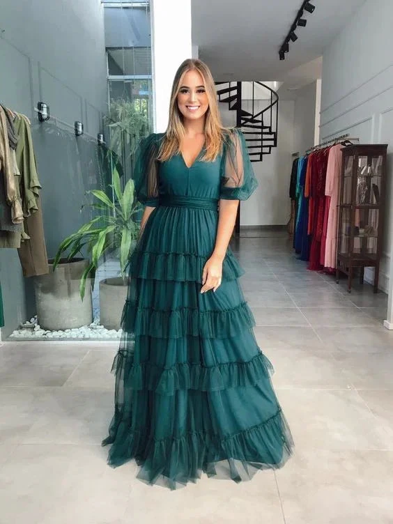 Green A-line V Neck Tulle Multi-layered Prom Dress Green Evening Dress Y6218