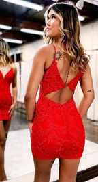 Red Lace Appliques Homecoming Dresses Tight Short Spaghetti Straps Dress for Teens Cocktail Gown Y2493
