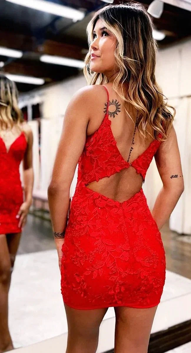 Red Lace Appliques Homecoming Dresses Tight Short Spaghetti Straps Dress for Teens Cocktail Gown Y2493