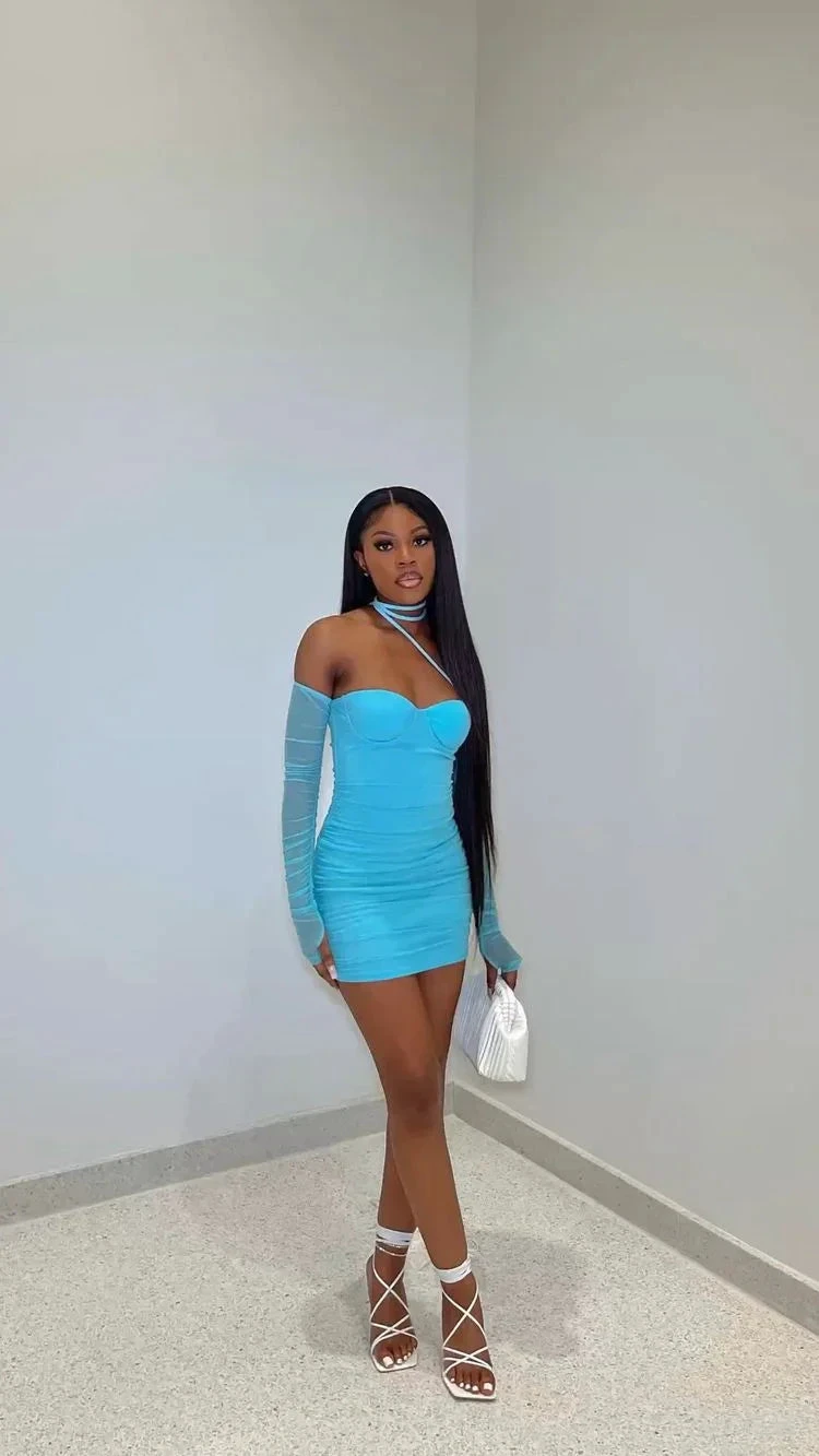 Long Sleeve Sweetheart Neck Mesh Mini Dress Sexy Blue Mini Homecoming Dress Y4135