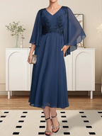 A-line V-Neck Tea-Length Chiffon Lace Mother of the Bride Dress With Beading Sequins