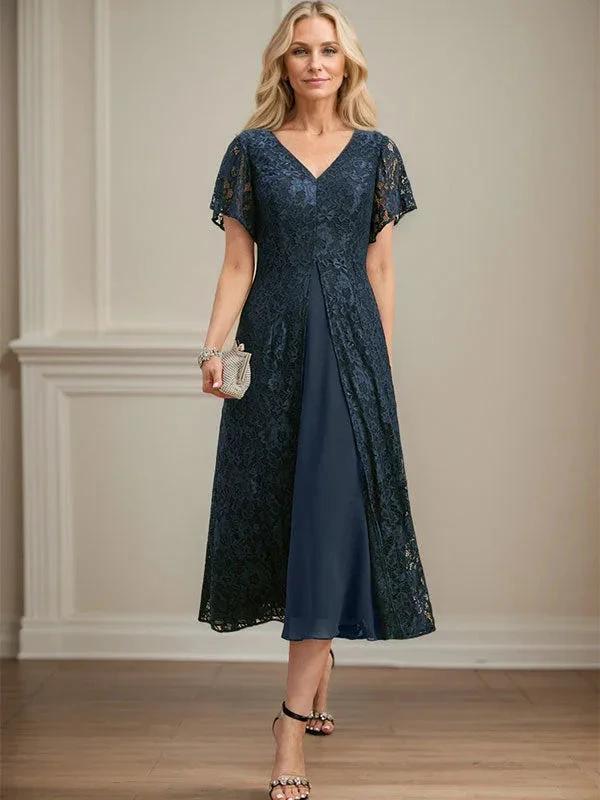 A-line V-Neck Tea-Length Lace Chiffon Mother of the Bride Dress