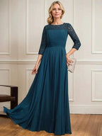 A-line Scoop Illusion Floor-Length Lace Chiffon Mother of the Bride Dress With Pleated