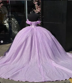 Glitter Off The Shoulder Lilac Tulle Beaded Ball Gown Quinceanera Dress  Y7463