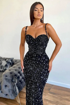 Spaghetti Straps Black Meimaid Long Prom Dress with Applique and Beads