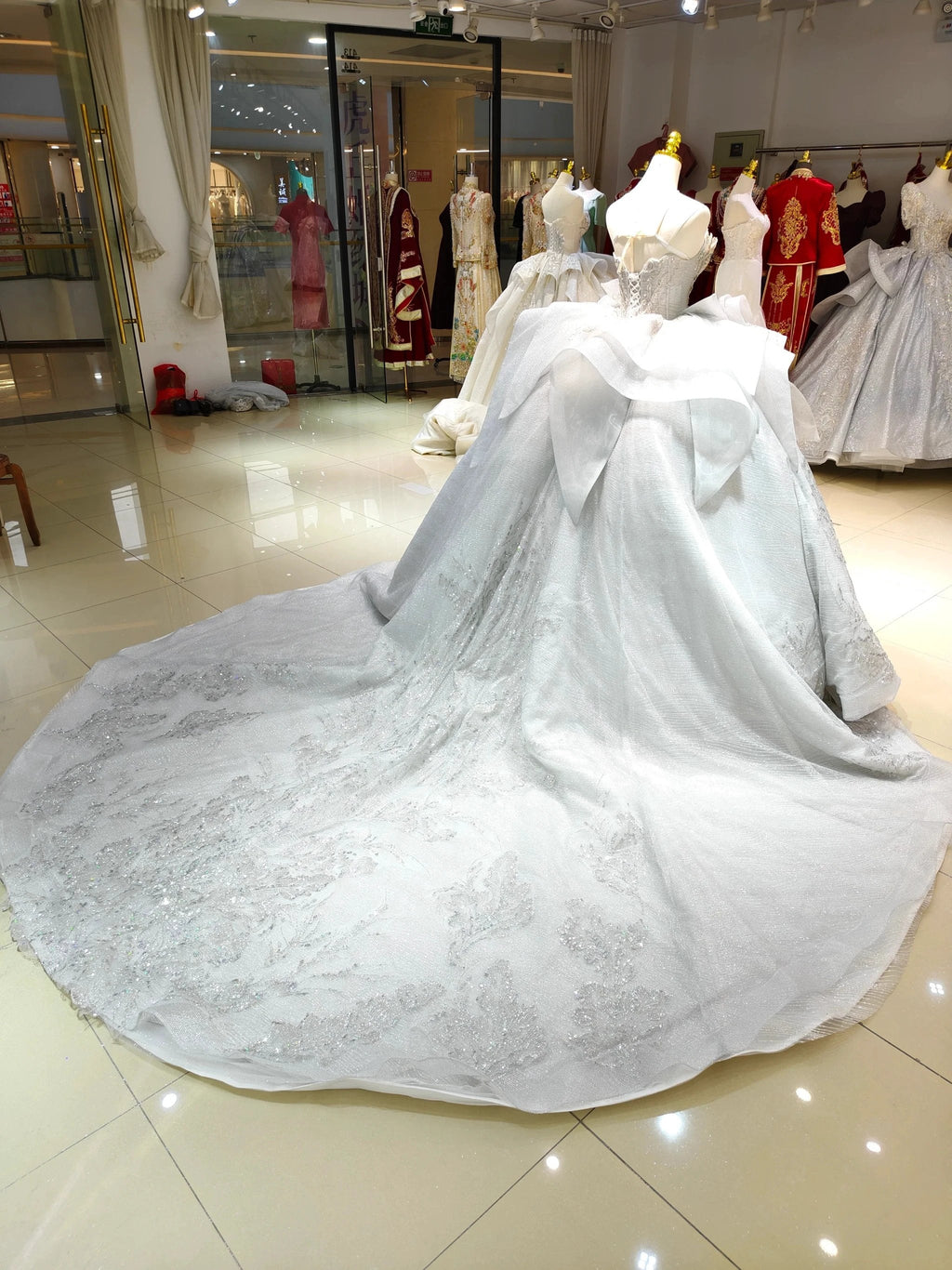 Silver Haze Strapless Ballgown: Gilded Beaded Bust & Ruffled Train