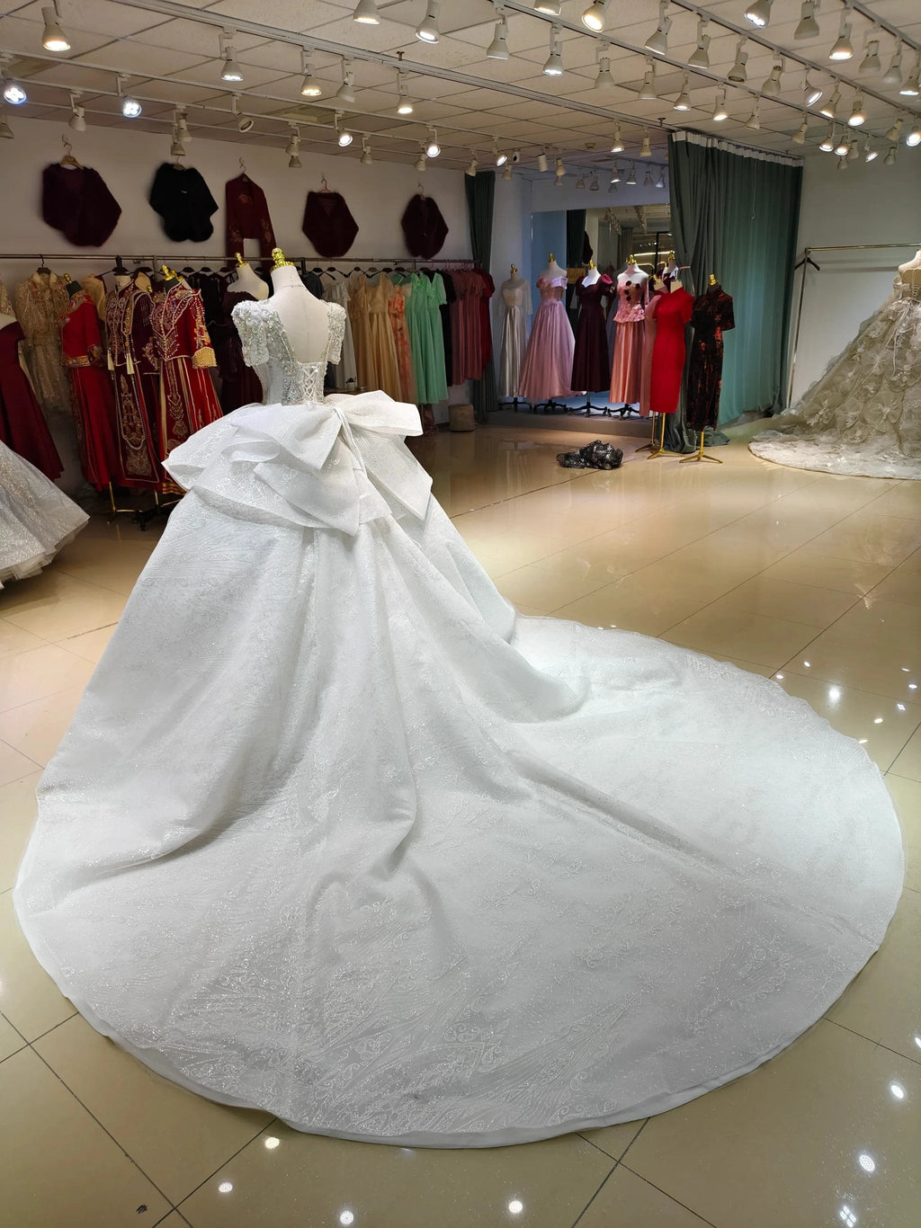 Silver Sparkle Cap-Sleeve Ballgown Beaded Bust & Bow Train