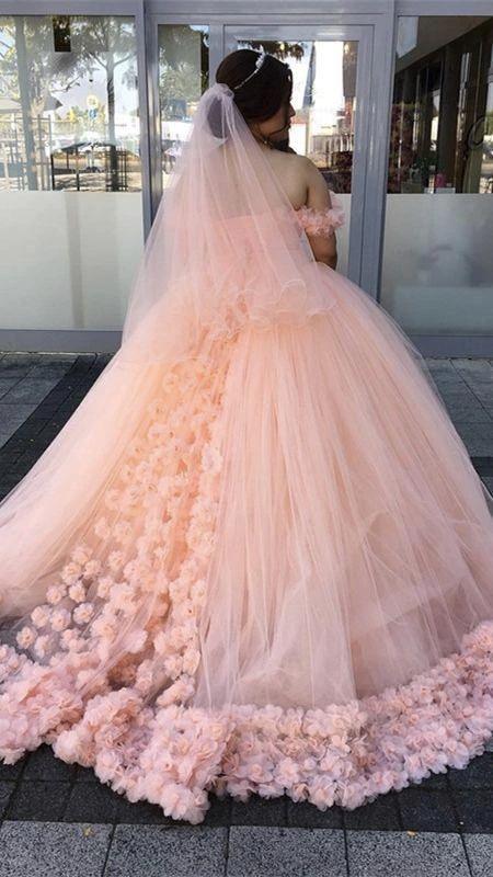 Off The Shoulder Hand Made Flowers Wedding Dress Tulle Wedding Dress Y474