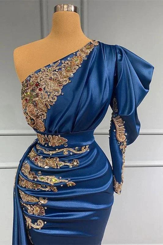 Regal Sapphire One Shoulder Mermaid Long Prom Dress with Beads