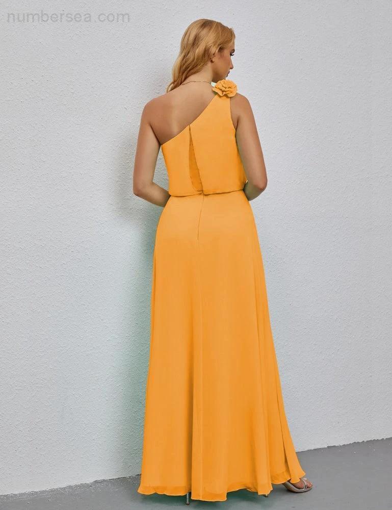 Ruffled One Shoulder Sleeveless Long Bridesmaid Dresses A-line Formal Evening Gown Side Split 28080