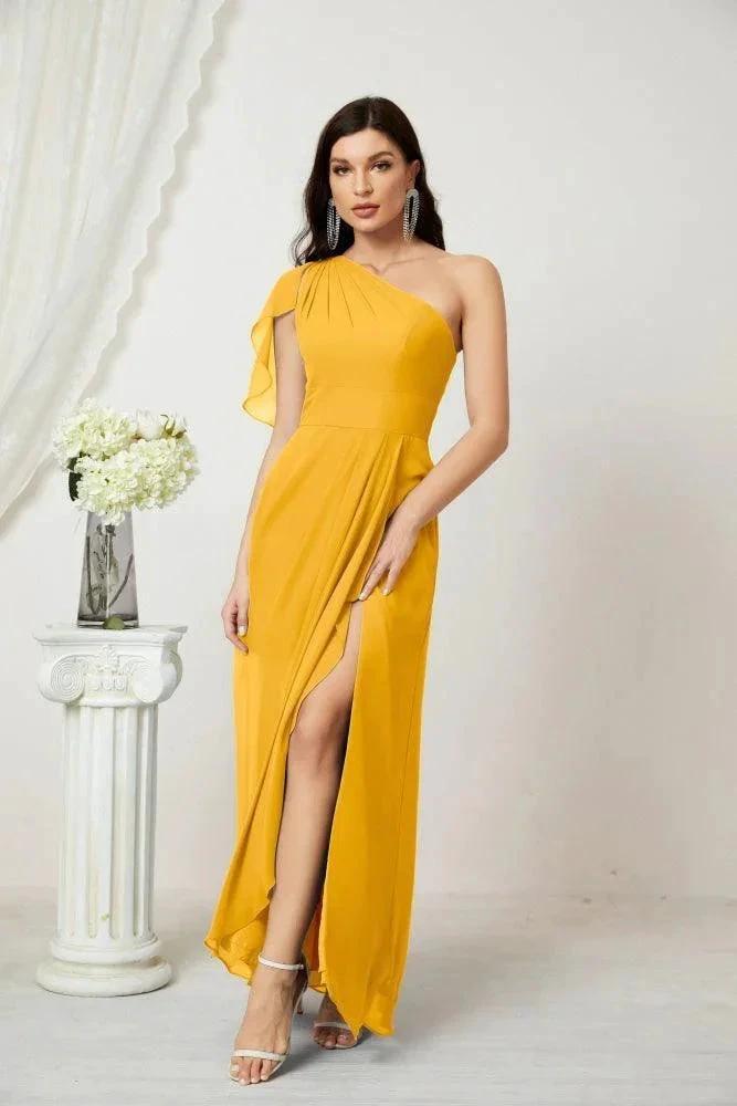 Numbersea  Chiffon Ruffled One Shoulder Long Bridesmaid Dresses A-line Formal Evening Gown Side Split 2809