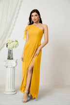 Numbersea  Chiffon Ruffled One Shoulder Long Bridesmaid Dresses A-line Formal Evening Gown Side Split 2809