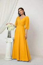 Numbersea  Formal Prom Gown Women V-Neck Chiffon Bridesmaid Dresses Long Bishop Sleeve Party Dress 2807