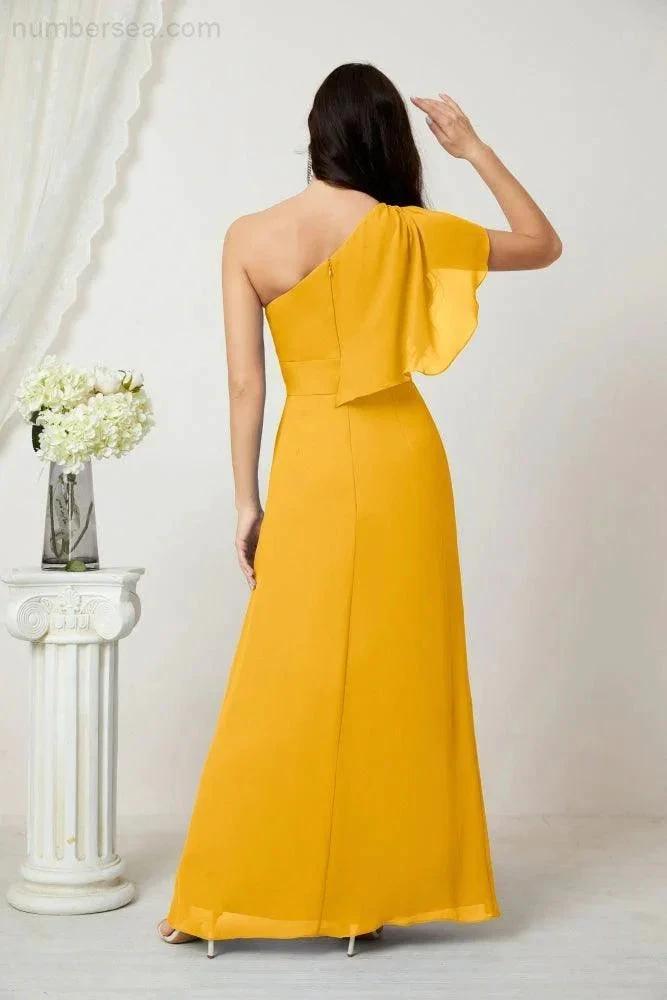 Numbersea  Chiffon Ruffled One Shoulder Long Bridesmaid Dresses A-line Formal Evening Gown Side Split 2809