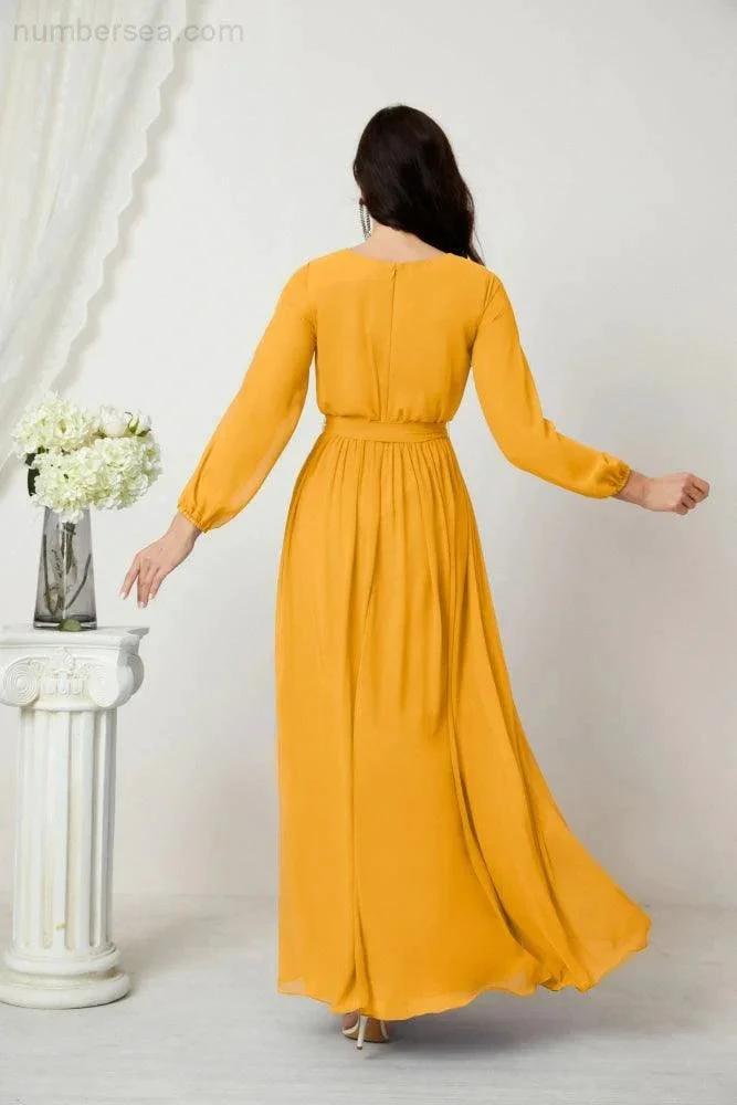 Sunnderly Evening Dresses Deep V-Neck Chiffon Bridesmaid Dresses Long Bishop Sleeve Side Split Formal Dress SY2806