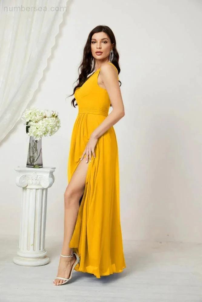 Numbersea Chiffon V-Neck Bridesmaid Dress Spaghetti Strap Long Formal Party Prom Gowns with Slit 28010
