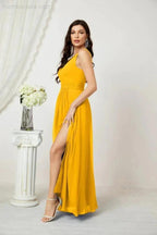 Numbersea Chiffon V-Neck Bridesmaid Dress Spaghetti Strap Long Formal Party Prom Gowns with Slit 28010