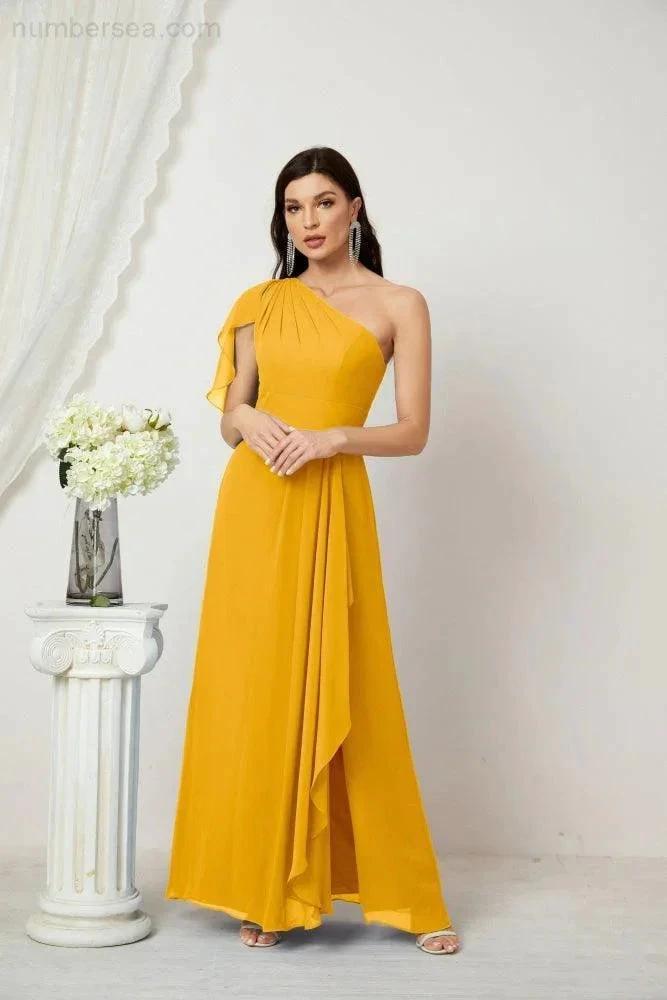 Numbersea  Chiffon Ruffled One Shoulder Long Bridesmaid Dresses A-line Formal Evening Gown Side Split 2809
