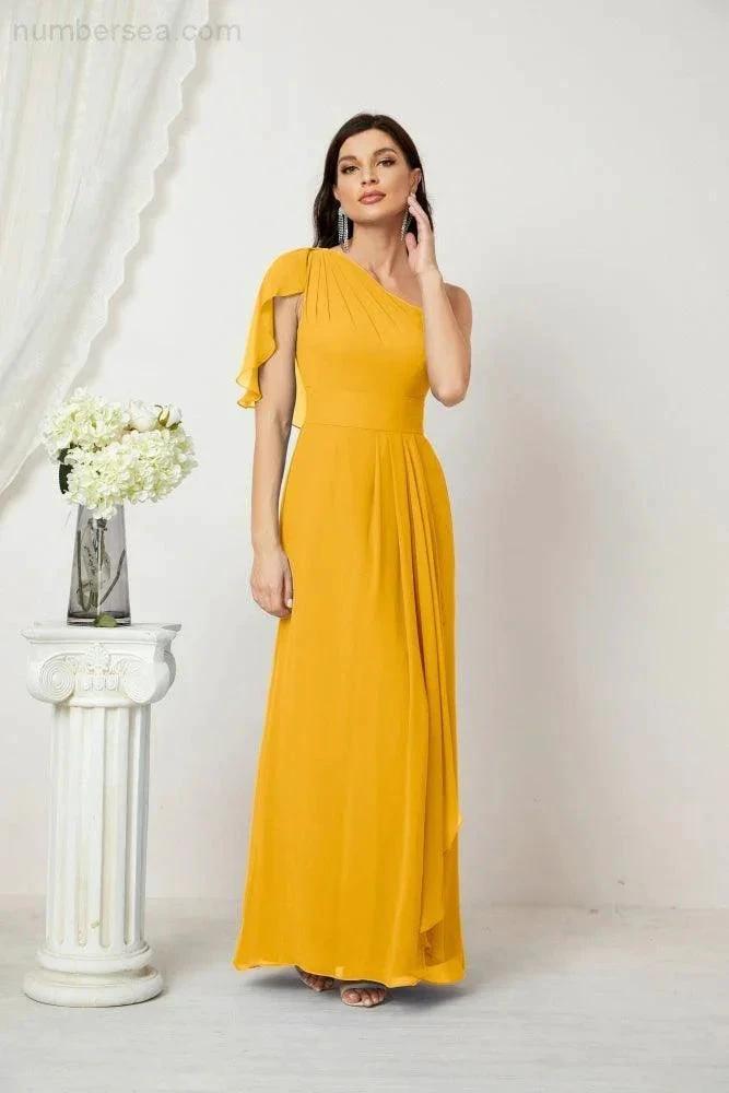 Numbersea  Chiffon Ruffled One Shoulder Long Bridesmaid Dresses A-line Formal Evening Gown Side Split 2809