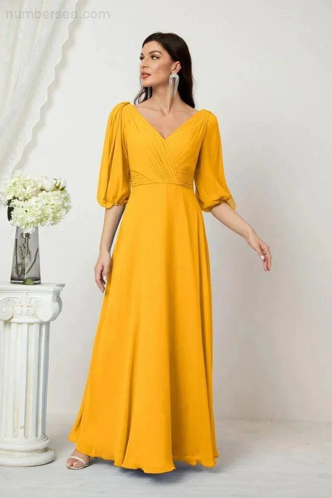 Numbersea  Formal Prom Gown Women V-Neck Chiffon Bridesmaid Dresses Long Bishop Sleeve Party Dress 2807