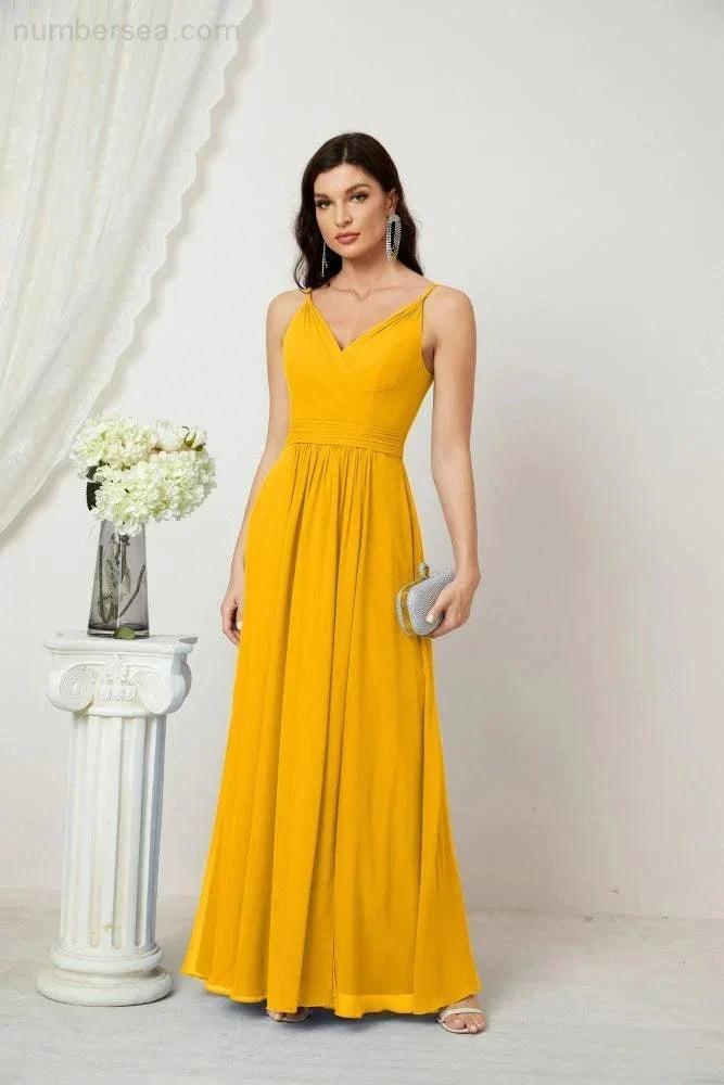 Numbersea Chiffon V-Neck Bridesmaid Dress Spaghetti Strap Long Formal Party Prom Gowns with Slit 28010