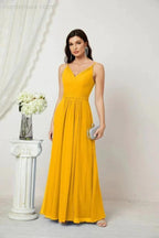 Numbersea Chiffon V-Neck Bridesmaid Dress Spaghetti Strap Long Formal Party Prom Gowns with Slit 28010