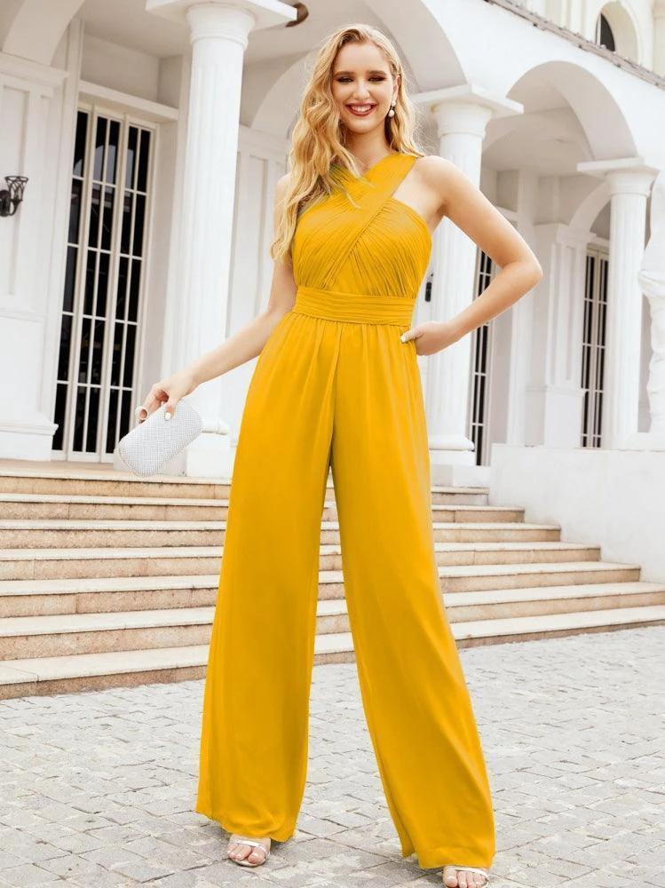 Numbersea Crisscross Neck Jumpsuit Formal Evening Dress Long Bridesmaid Dresses Bell-bottomed Pants 28033