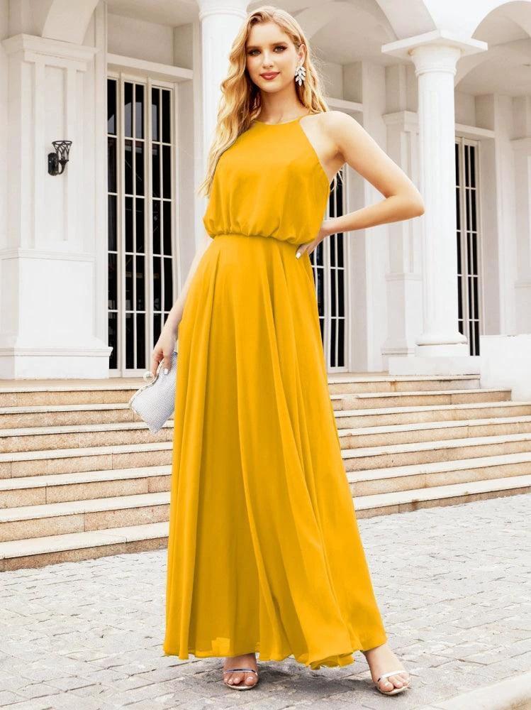 Numbersea  Halter Long Bridesmaid Dresses Formal A line Juniors Dress 28029