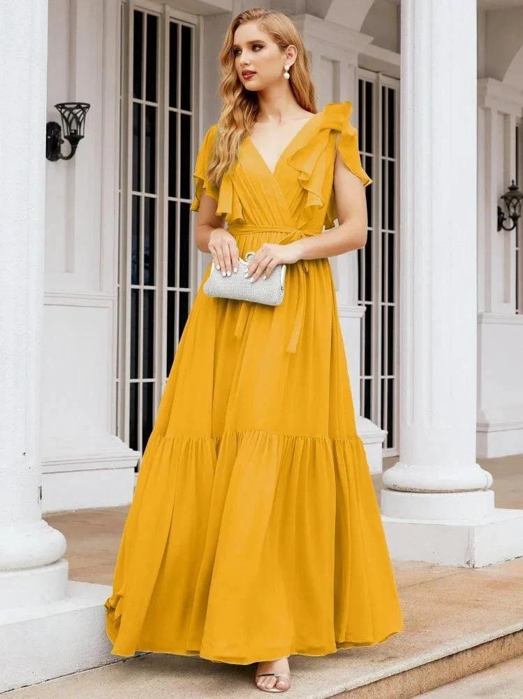 Numbersea Women's Open Back Formal Evening Party Prom Gowns V-Neck Long Chiffon Bridesmaid Dresses with Waist Belt 28038