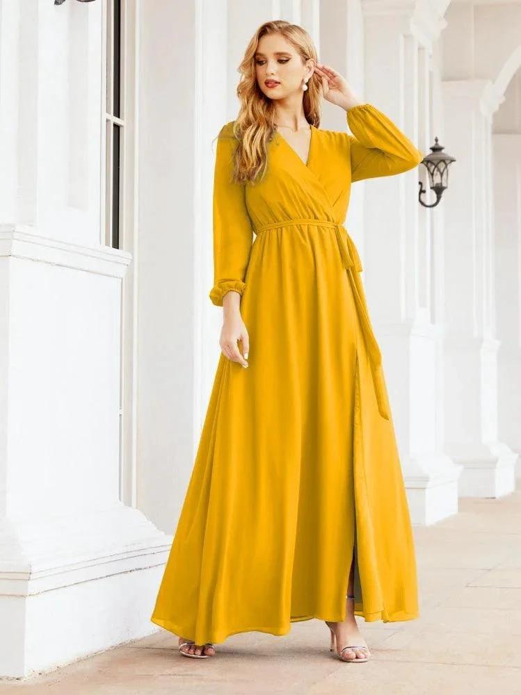 Sunnderly Women's Chiffon Bridesmaid Dress A line Long Sleeves Formal Evening Prom Gown for Wedding Guest SY28032