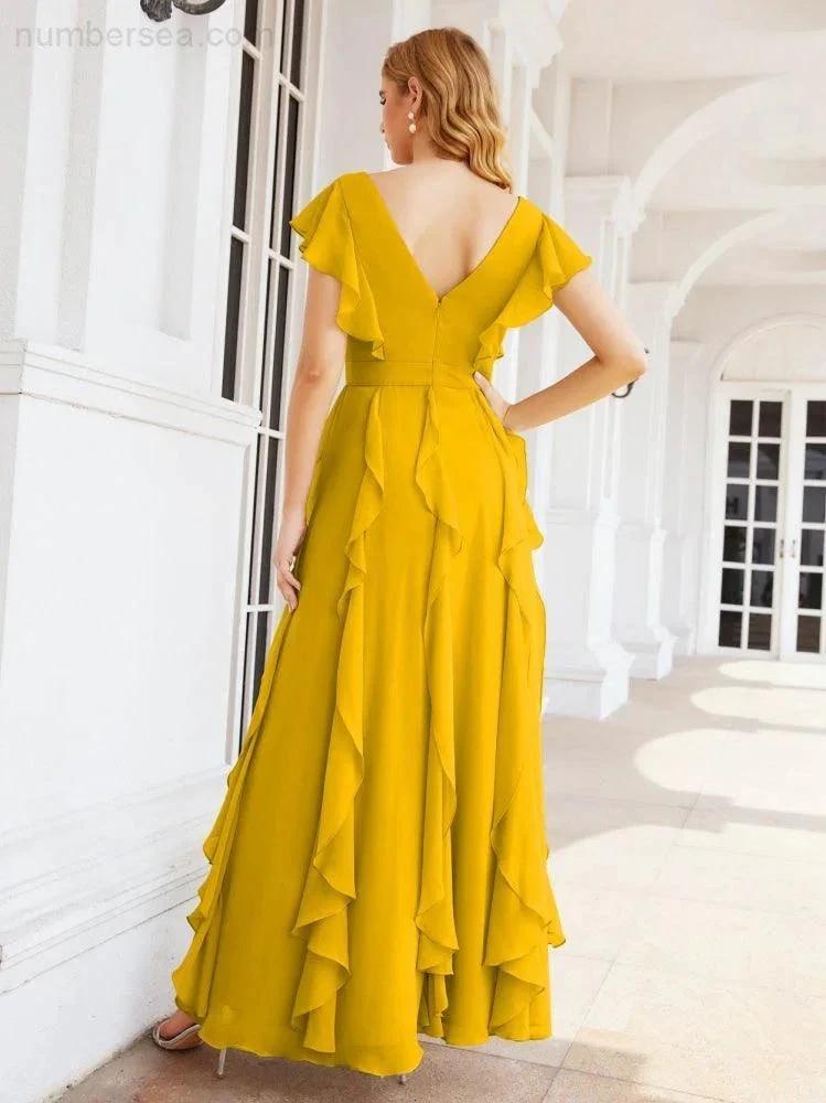 Ruffled Bridesmaid Dresses with Sleeves Long Formal Party Dress 28041