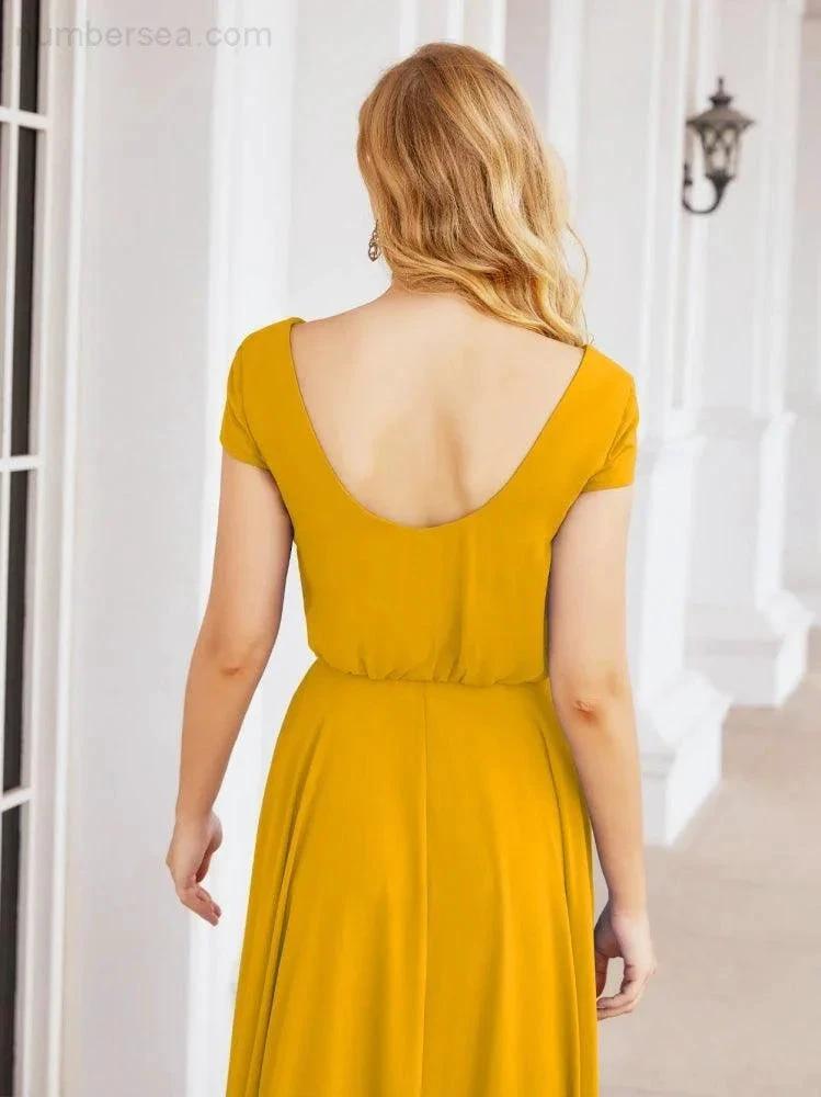 Numbersea V-Neck Bridesmaid Dresses Long Cap Sleeves Prom Evening Formal Gowns 28071