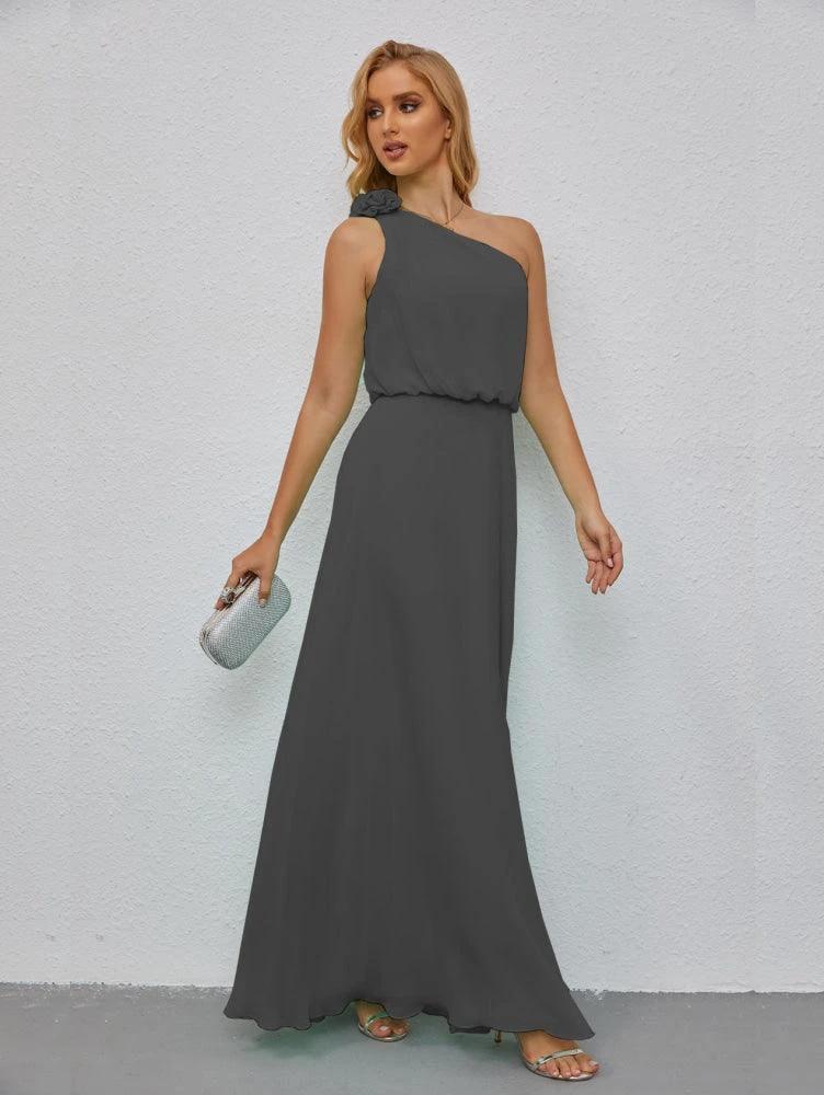 Ruffled One Shoulder Sleeveless Long Bridesmaid Dresses A-line Formal Evening Gown Side Split 28080