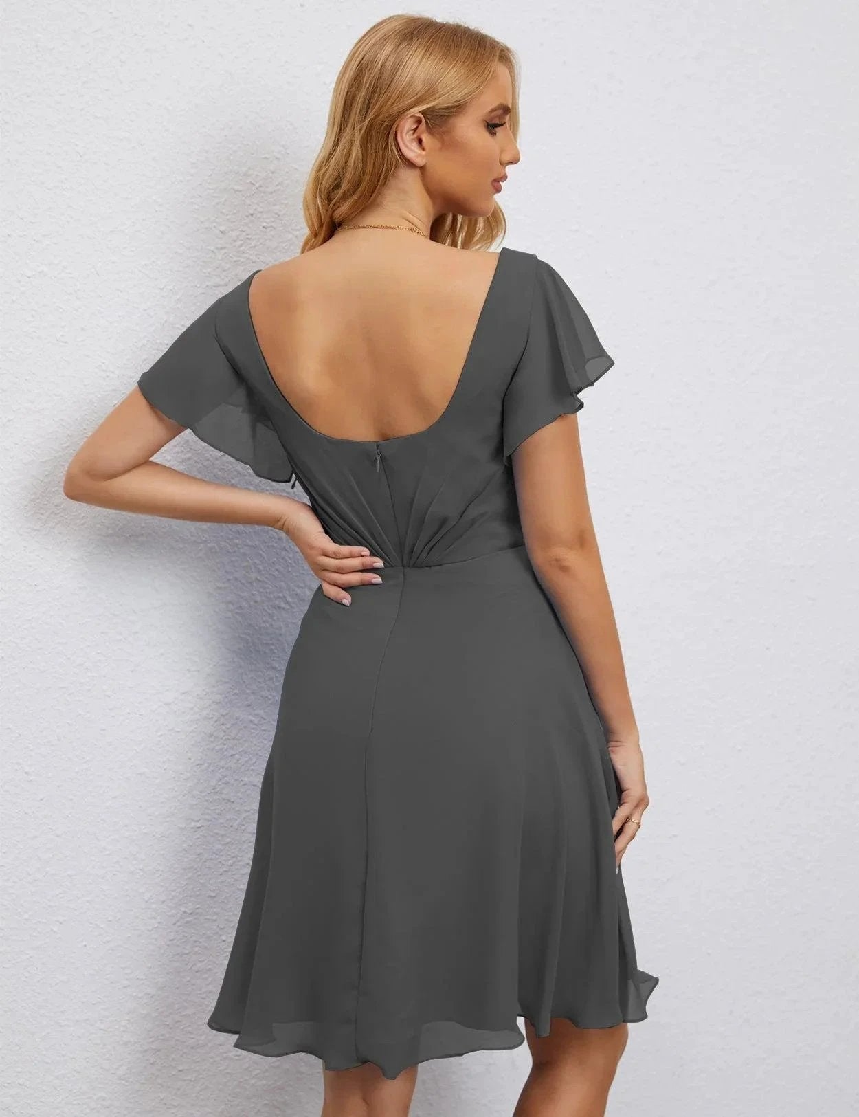 Numbersea U Back Homecoming Dress Formal Prom Dress Knee Length Short Sleeves Cocktail Party Dress 28077