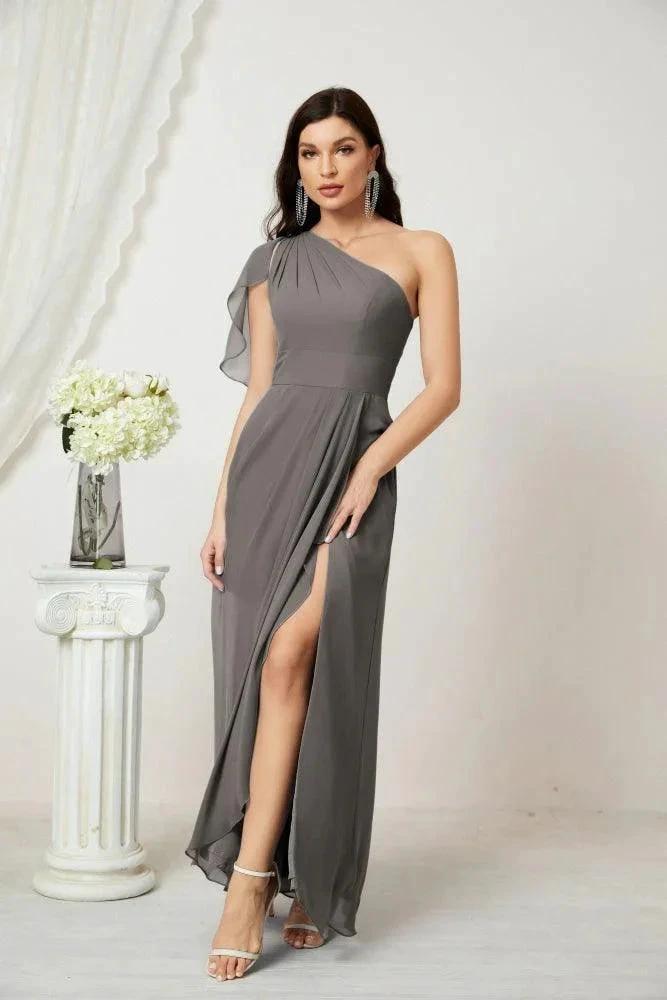 Numbersea  Chiffon Ruffled One Shoulder Long Bridesmaid Dresses A-line Formal Evening Gown Side Split 2809