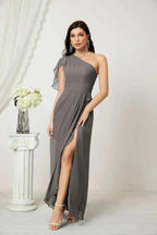 Numbersea  Chiffon Ruffled One Shoulder Long Bridesmaid Dresses A-line Formal Evening Gown Side Split 2809
