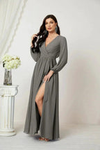 Sunnderly Evening Dresses Deep V-Neck Chiffon Bridesmaid Dresses Long Bishop Sleeve Side Split Formal Dress SY2806
