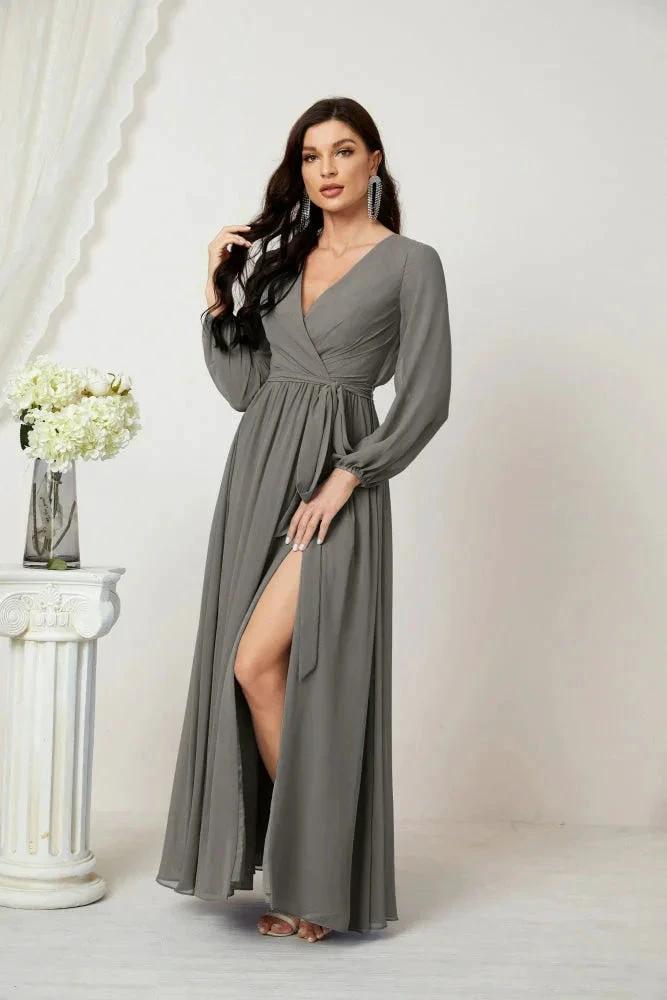 Sunnderly Evening Dresses Deep V-Neck Chiffon Bridesmaid Dresses Long Bishop Sleeve Side Split Formal Dress SY2806