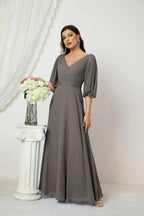 Numbersea  Formal Prom Gown Women V-Neck Chiffon Bridesmaid Dresses Long Bishop Sleeve Party Dress 2807