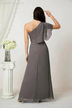 Numbersea  Chiffon Ruffled One Shoulder Long Bridesmaid Dresses A-line Formal Evening Gown Side Split 2809