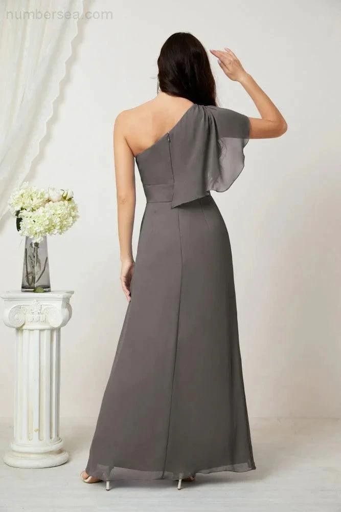Numbersea  Chiffon Ruffled One Shoulder Long Bridesmaid Dresses A-line Formal Evening Gown Side Split 2809